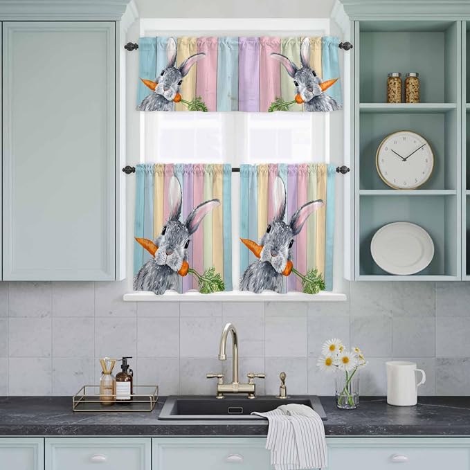 Easter Kitchen Curtain Set, Spring Grey Rabbit Carrots Colorful Wooden Plank