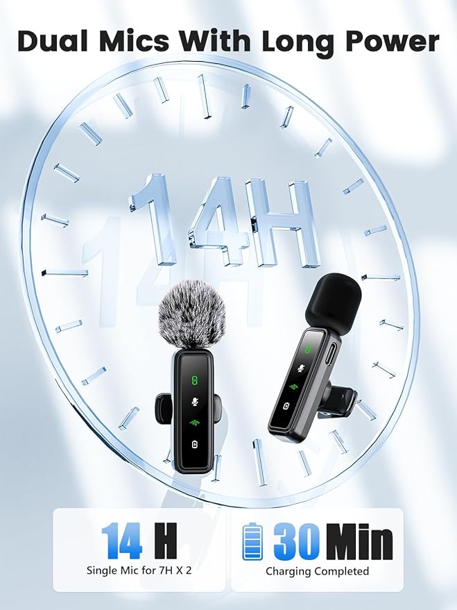 3 in 1 Wireless Lavalier Microphones for iPhone/Android/Camera, 2 Pack Mini Microphone LED Display Lapel Omnidirectional Mic with Mute/Reverb/Noise Reduction for TikTok/Podcast/Vlog Recording