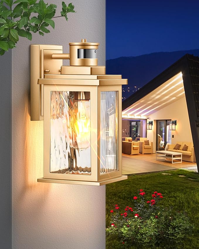 VIANIS 2 Pack Motion Sensor Outdoor Lights Lantern, Dusk to Dawn Exterior Lights for House, Gold Anti-Rust Porch Lights Sconce, Garage Lights Wall Mount for Patio, Doorway, UL Listed