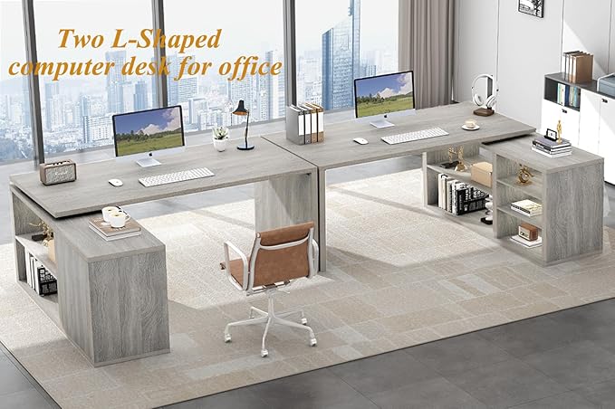 HSH Gray L Shaped Corner Desk with Storage Shelves, Reversible L Shape Computer Desk with Storage Cabinet, Adjustable Corner Home Office Desk for PC Executive Writing Study Work, Light Grey, 55 Inch