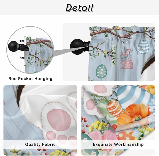 Easter Kitchen Curtains 45 Inch Long 2 Panel Set, Rod Pocket Window Treatment