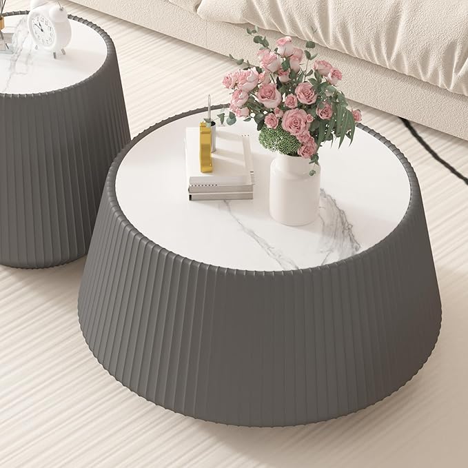 Grey Round Coffee Table with Sintered Stone Tabletop, 26.77" Drum Coffee Table with Fluted PU Leather Covered and Stable Base, Circle Cocktail Tea Table for Living Room