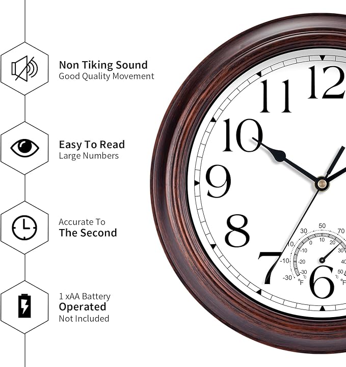 KECYET 10 Inch Outdoor Wall Clock with Thermometers, Vintage Silent Wall Clocks Battery Operated, Retro Non-Ticking Clock Decorative for Living Room, Patio, Kitchen, Office, Bathroom, Bedroom(Bronze)