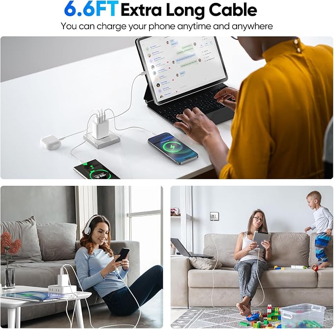 2 Pack USB C Charger Block 60W 4-Port GaN5 Super Fast Phone Charger Type C Charging Block PD 20W & QC 20W with 6.6FT USB C Cables for iPhone 17 Air/17/16/15 Pro Max Samsung Galaxy S24