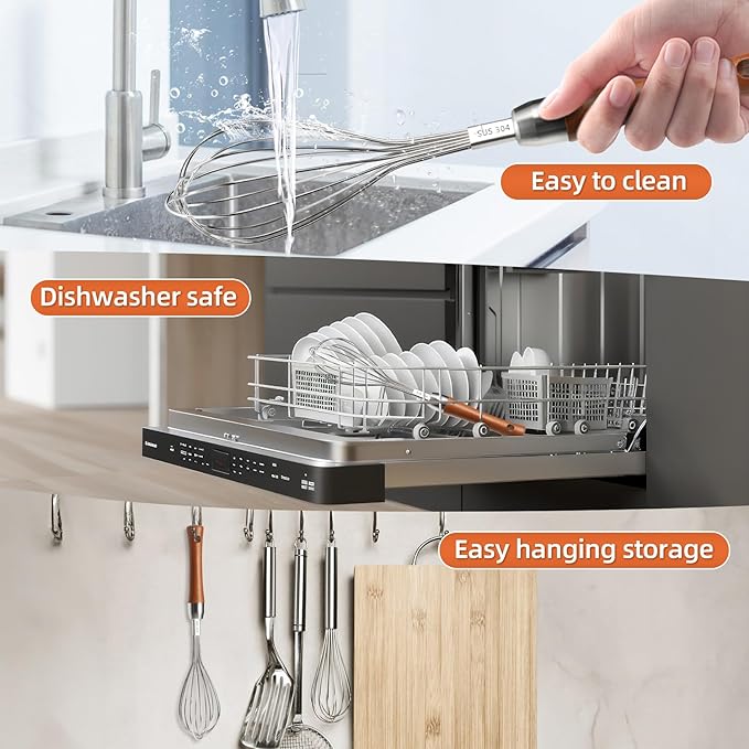 Stainless Steel Whisk Wiht Non-Slip Wooden Handle, Balloon Whisk Egg Beater For Stirring Whisking Blending Mixing Egg Gravy Cake Batter Flour Or Sauces (10.8"L x 2.4"W)