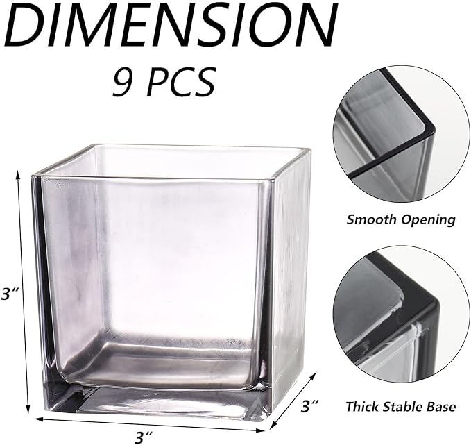 Square Flower Vases Set of 9, 3"x 3"x 3" Glass Vases for Centerpieces, Grey Vase for Flowers, Small Vase for Wedding, Party, Home Office Decoration