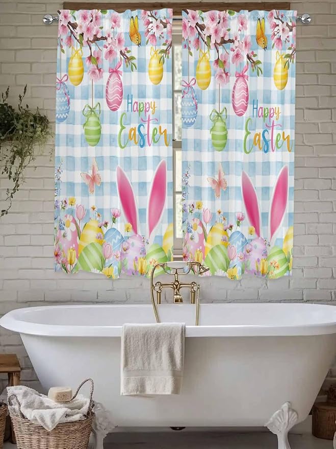 Happy Easter Living Room Curtains 72 Inches length, Spring Watercolor Bunny
