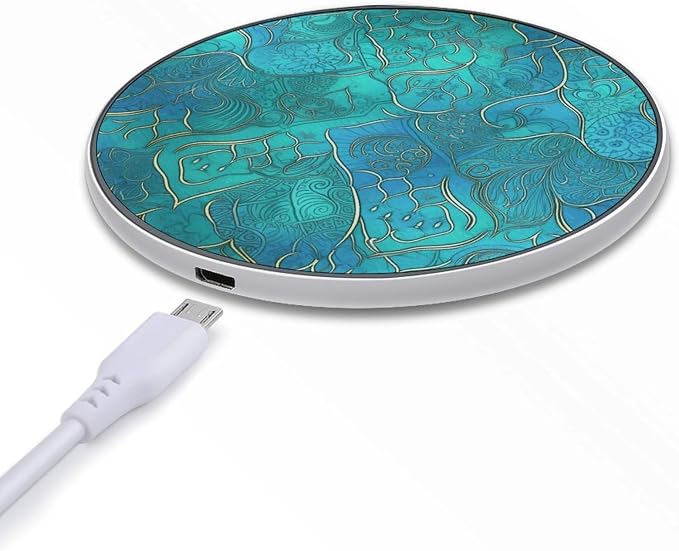 Turquoise Pattern Wireless Charger Aluminum Alloy Frame 10W Fast Charging Pad with Indicator Light 6mm Thin & Portable Wireless Charging Pad for Travel Home Office Desk