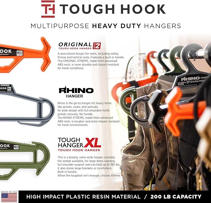 Tough Hook Original ID MAX Heavy Duty Hanger - USA-Made 200lb Capacity - Police Tactical Gear & Scuba BCD Hanger with Anti-Slip Design - Wetsuit & Body Armor Organizer with 3 ID Strips,1 Pack Foliage