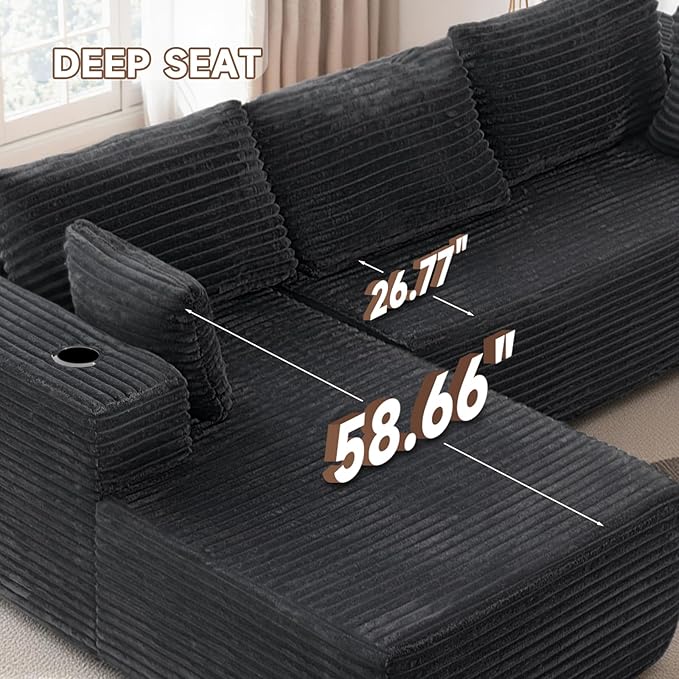 106" Cloud Couch Corduroy Modular Sectional Sofa L-Shape Boneless Couch with Wide Armrests and Cup Holders for Living Room Bedroom, No Assembly Required (Grey)