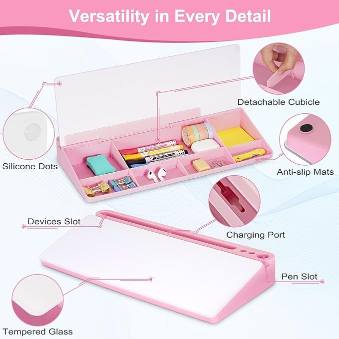 Desktop Glass Whiteboard with Storage, Pink Desk Dry Erase White Board with Computer Keyboard Stand, Desk Organizers and Accessories with Removable Cubicles for Office, Home, College, School