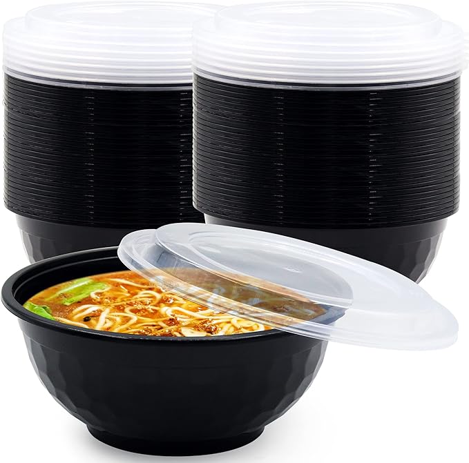 POPMISOLER 150 Pcs Stackable Meal Prep Bowl Containers, Food Takeout Bowls Reusable,Black Disposable Meal Prep Bowls With Lids. (12oz-Black)