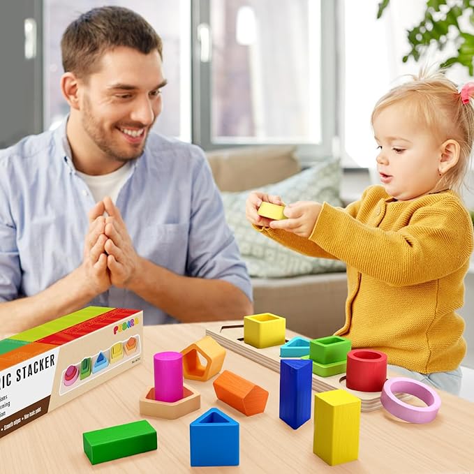 PEBIRA Montessori Toys for 1 2 3 Year Old Boys Girls Toddlers, Heightened Peg-Free Wooden Stacking Toys, Shape Sorter Learning Toy, Birthday Gift for Baby Kid Age 1-4 Preschool Toy, Various Game Play