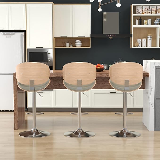 KCC Bar Stools Set of 4, Swivel Adjustable Height Barstools, PU Leather Upholstered Bar Chairs with Footrest, Bentwood Bar Stool for Kitchen, Bar, Dining Room(Grey PU)