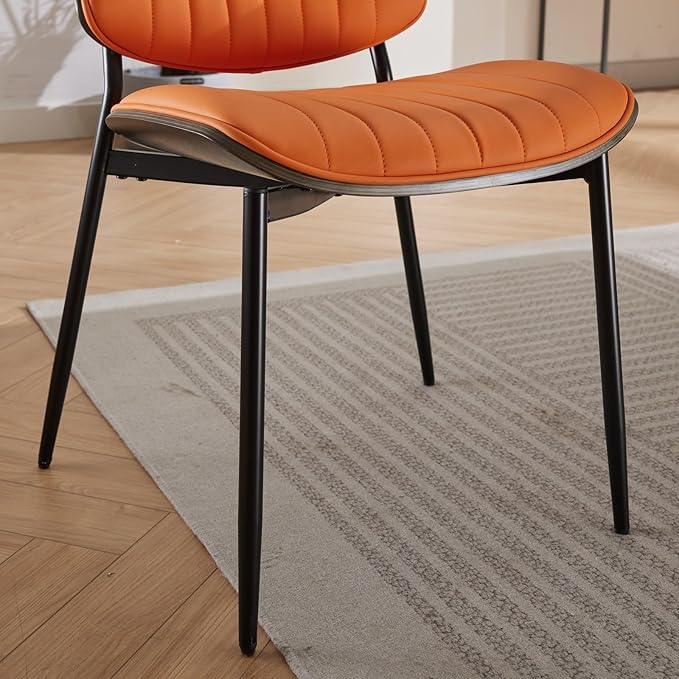 Dining Chairs Set of 6, Mid Century Modern Accent Dining Room and Kitchen Chairs, Upholstered PU Leather Vertical Stripe Chairs for Vanity with Walnut Bentwood and Metal Legs, Orange