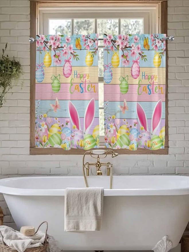 Colorful Easter Kitchen Curtains 54 Inches length, Spring Watercolor Bunny Egg