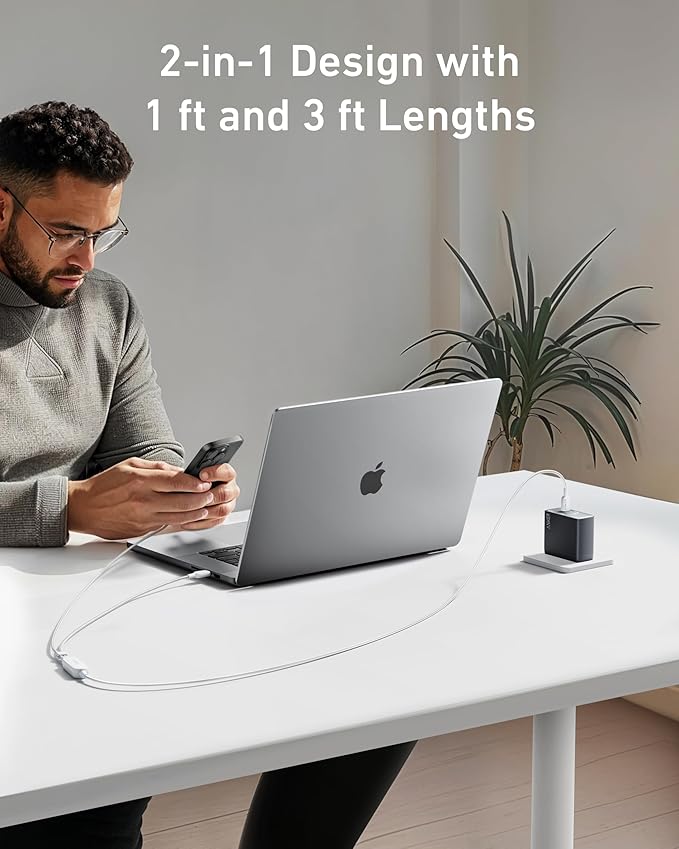 Anker Cable,4FT 2-in-1 USB C to USB C Cable 140W Max,Fast Charging for iPhone 17/17 Pro Max/16 Series,MacBook Air/Pro,and More(Braided,White)