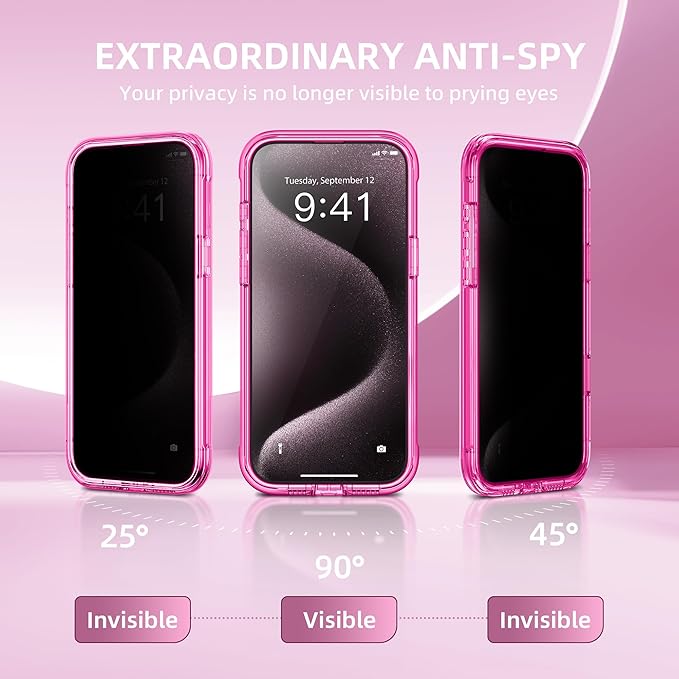 Magnetic for iPhone 15 Pro Max Case, Compatible with MagSafe, Built-in Privacy Screen Protector and Camera Protection, Anti Spy Full Body Dustproof Shockproof Hard Phone Case 6.7",Bright Pink