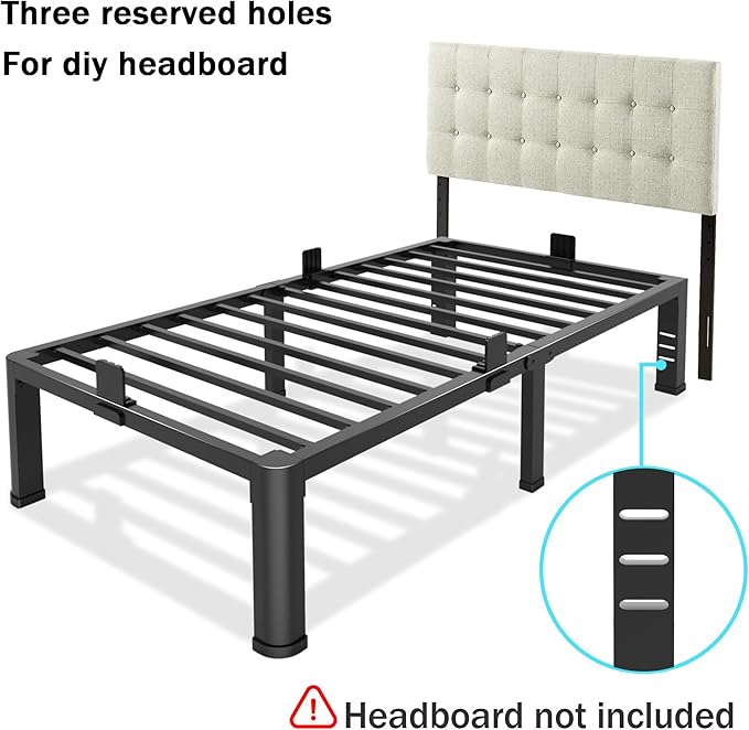 16 Inch Twin Bed Frame with Rounded Corner and Headboard Hole Mattress Retainers 3500 lbs Heavy Duty Support Metal Platform Bed Frame Noise Free No Box Spring Needed Easy Assembly