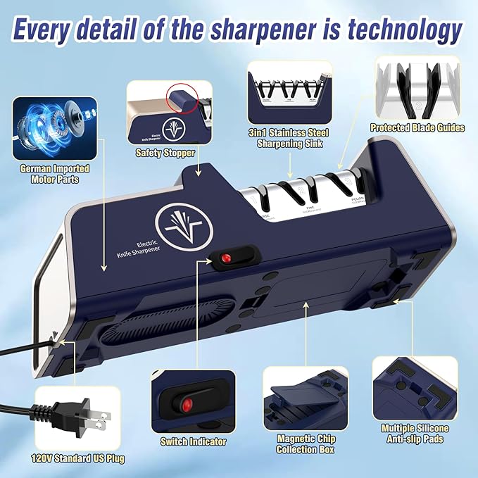 Citcgo Electric Knife Sharpener for 15 to 20-Degree Knives 100% Diamond Abrasive Stropping Precision Guides for Straight&Serrated Edges&Ceramic Knife, Single&Double-bevel Knives, 3-Stage