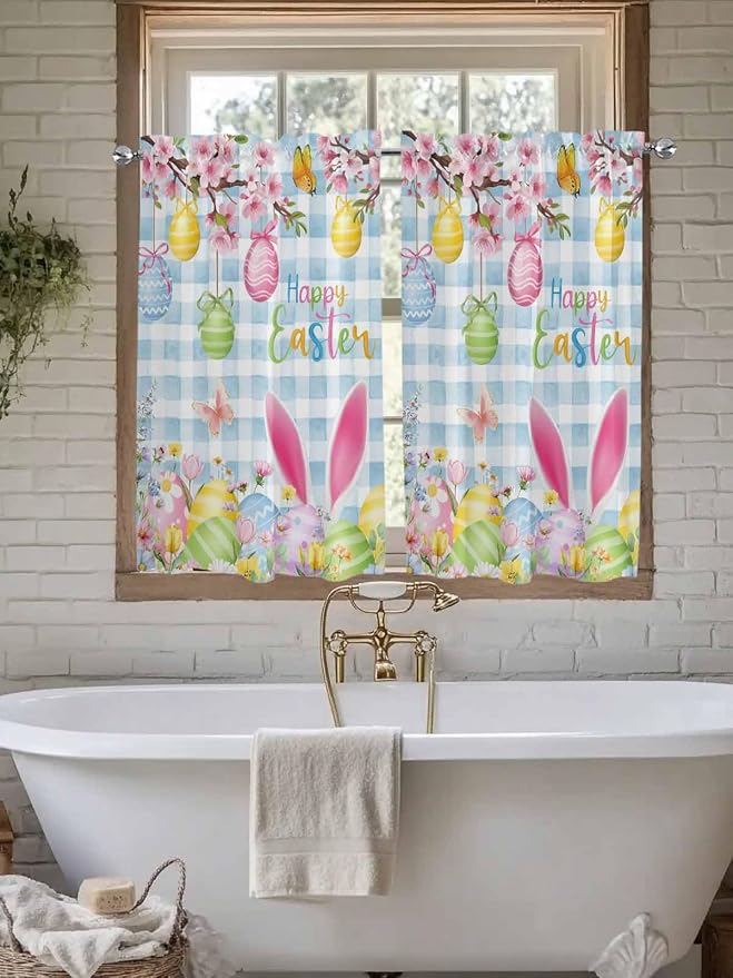 Happy Easter Kitchen Curtains 54 Inches length, Spring Watercolor Bunny Eggs