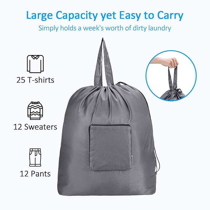 GOGOODA Smell Proof Travel Laundry Bags for Dirty Clothes, 2 Pack Large Foldable Laundry Bag with Carabiner & Handle, Heavy Duty Luggage Organizer for Gym, Sports, Camping - 21 x 24 in, Grey
