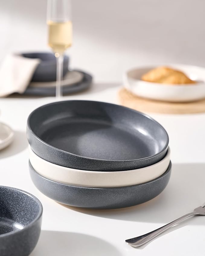 famiware Milkyway 33 oz Bowl Set, Pasta Bowls Set of 4, Salad Bowls, Double Reactive Glaze, Sturdy & Stackable, Ideal for Housewarming, Festivals, Dark Charcoal & White Full Glaze Matte