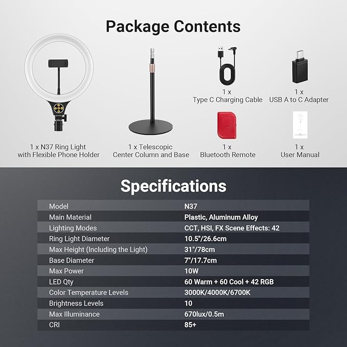 NEEWER ENTRY LEVEL VERSION N37 10.5" RGB Ring Light with Desktop Stand/Phone Holder Compatible with iPhone/Remote, 10W CRI85+ LED Lighting for TikTok YouTube Streaming Recording Laptop Zoom Video Call