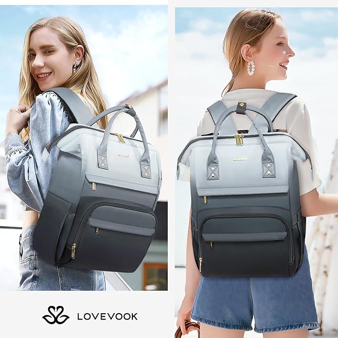 LOVEVOOK Gradient Laptop Backpack for Women,15.6 Inch Work Computer Bakcpack Purse Laptop Bag With Anti-Theft Pocket,Waterproof Carry on Teacher College Backpack for Travel,Black-White-Gray