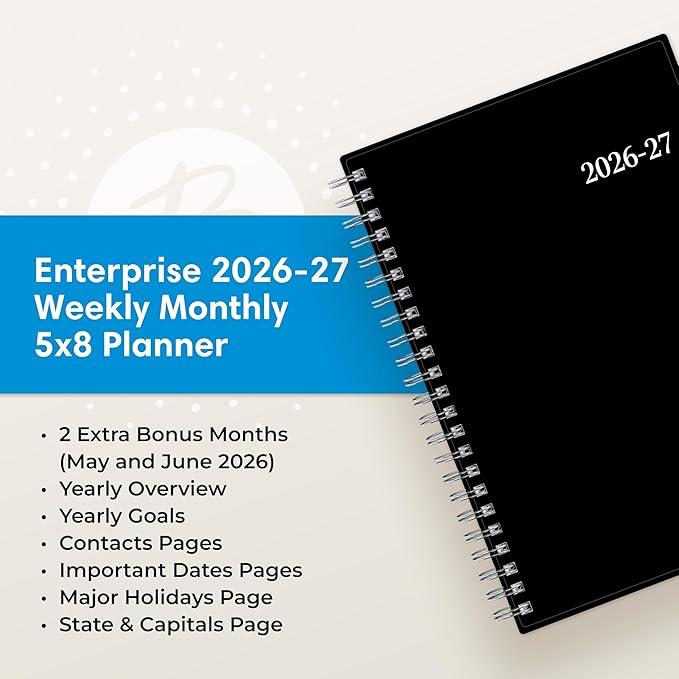 Blue Sky 2026-2027 Weekly and Monthly Academic Year Planner Calendar, July 2026 - June 2027, 5" x 8", Flexible Cover, Wirebound, Laminated Tabs, Enterprise