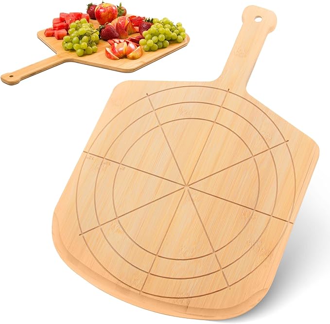 Loftern Wooden Pizza Peel 16 Inch Board with Engraved Sizes - Multi-Purpose Bamboo Pizza Cutting Board, Wood Pizza Peel, Pizza Spatula Paddle, and Serving Board with Size and Cutting Guide