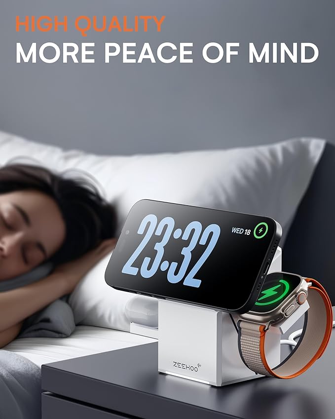 ZEEHOO 3 in 1 Charging Station, for iPhone Charging Station, for Apple MagSafe Charger, Qi2 Certified, 15W Fast Wireless Charger, for Apple Watch, for iPhone 17,16,15,14,13,12 Series, AirPods (White)
