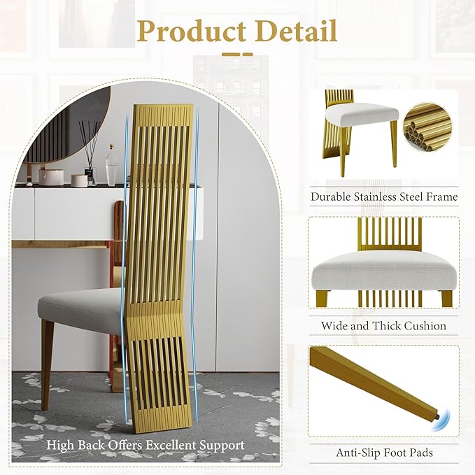 Gold Dining Chairs Set of 4, White Boucle Dining Chairs with Brushed Gold Stainless Steel Backrest and Legs, Modern Elegant Upholstered Dining Room Chairs for Dining Room Kitchen Restaurant