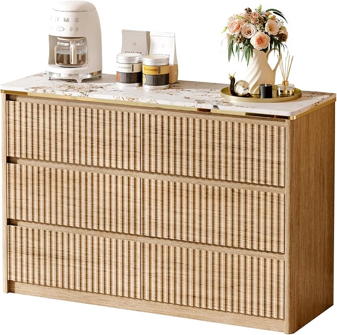 Fluted Dresser for Bedroom with 6 Drawers, 47.2" Modern Chest of Drawers with Faux Marble Top, Curved Profile Design,Dresser TV Stand, Wood Drawer Organizer for Living Room, Hallway, Oak1