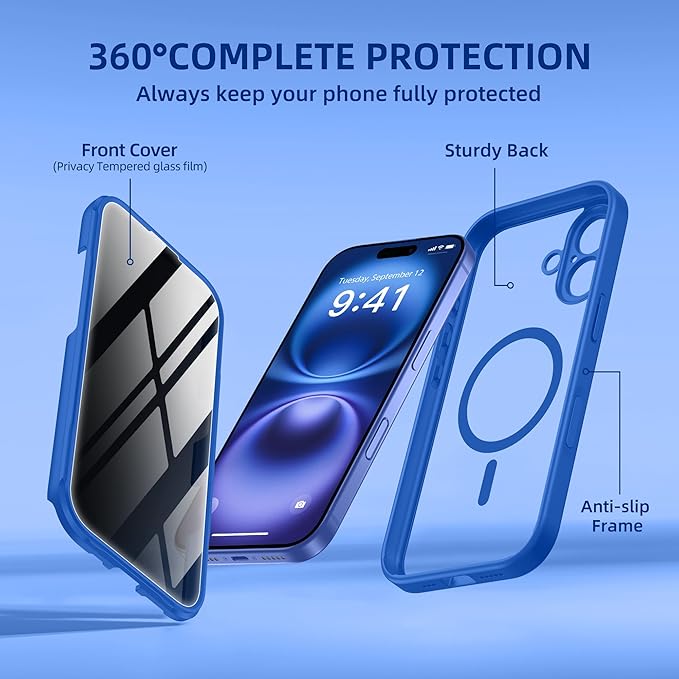 BERFY Magnetic for iPhone 16 Case, Compatible with MagSafe, Built-in Privacy Screen Protector and Upgraded Camera Protection, Anti-Spy Full Body Shockproof Phone Case for 16 6.1", Klein Blue
