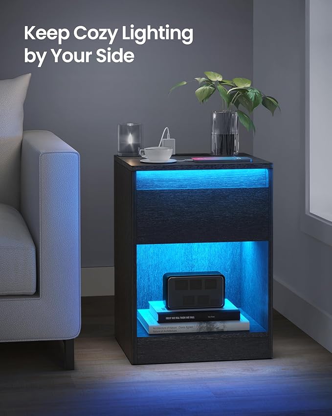 VASAGLE Set of 2 LED Nightstands with Charging Station, Adjustable Colors, 2 AC Outlets, 2 USB Ports, Bedside Tables, Side Tables with Drawer, 13.8 x 15.7 x 21.7 Inches, Ebony Black ULET918T21