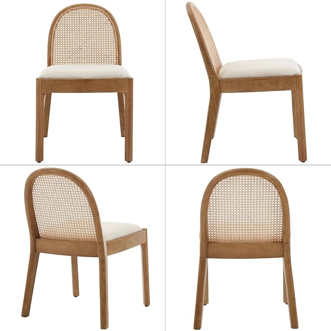 LukeAlon Modern Sherpa Dining Chairs Set of 6, Natural Woven Rattan Cane Back Side Chairs with Solid Wood Legs Mid Century Dinner Chairs for Kitchen Living Room, White