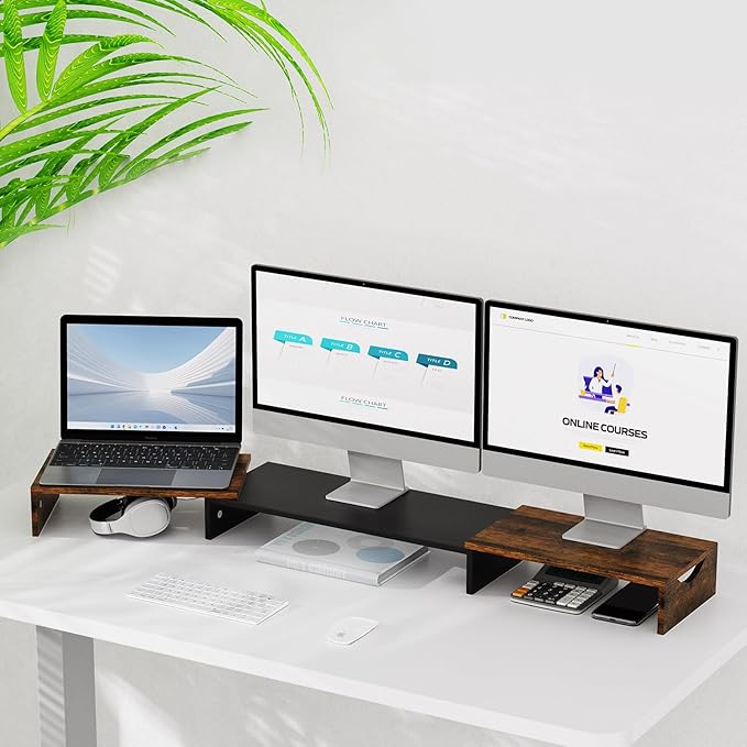 Triple Monitor Stand Riser, Extra Long Monitor Lift for 3 Monitors, Dual Monitor Stand with Length and Angle Adjustable