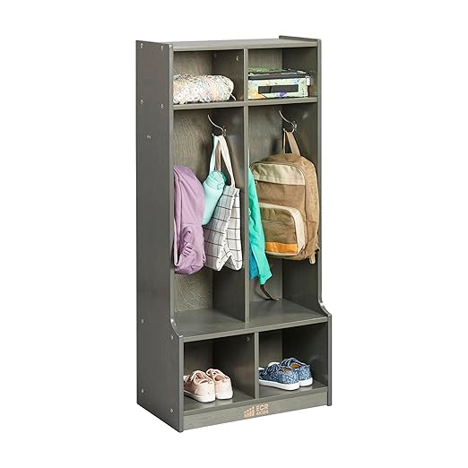 ECR4Kids 2-Section Coat Locker with Bench and Cubby Storage, Classroom Furniture, Grey Wash
