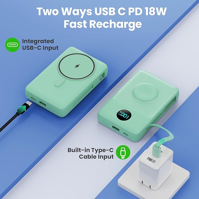 6 in 1 Magnetic Portable Charger for iPhone with Built-in Cables, 10800mAh 25W PD Fast Charging Power Bank, 6 Outputs Travel Essential Battery Pack for iPhone 17/16/15/14/13/12,Apple Watch (Green)