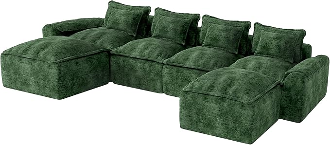 Hobestluk 152" Cloud Modular Sectional Couch 4-Seater Sofa with Ottomans U Shaped Couch Deep Seat Sofa with Removable Cover for Living Room (Green, 4-Seater Sofa with Two Ottomans)