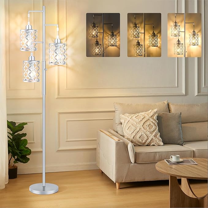 68" Dimmable Floor Lamp, Modern Standing Lamp with Elegant Metal Cages, Industrial Tall Tree Floor Lamps for Living Room, Bedroom, Study Room, Office (2000LM LED Bulbs Included) - Silver