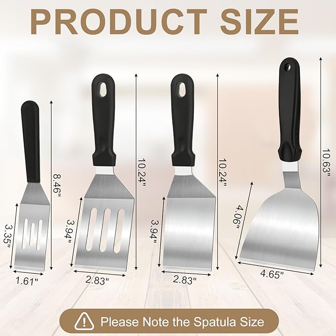 Stainless Steel Spatula Set 4 Pcs, Solid & Slotted Turner with Small Spatula and Half-Moon Scraper – Silicone Handle Kitchen Utensils for Cooking, Flipping & Baking