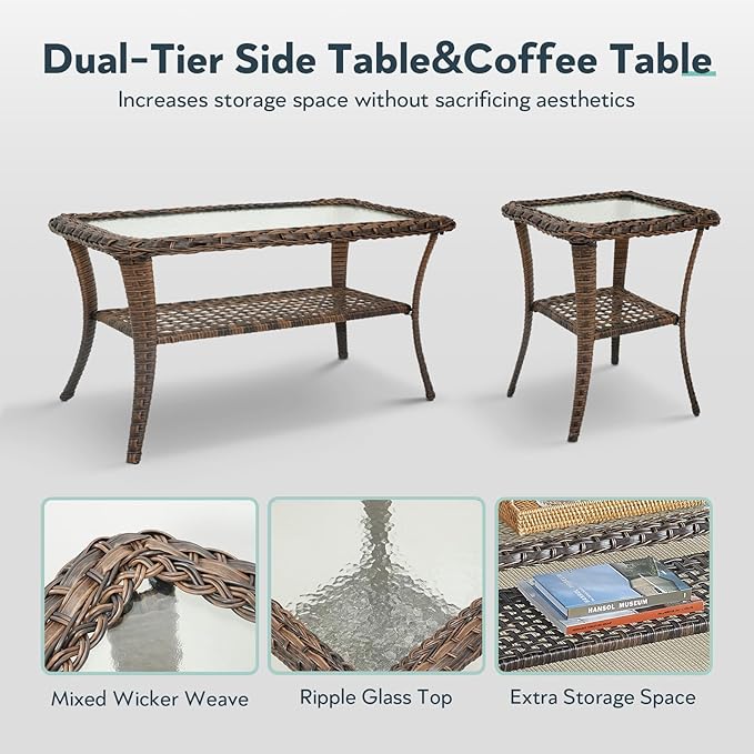5 Pieces Wicker Patio Furniture Set - Hollow Widen Armrests Outdoor Rattan Chairs, 3 Seat Sofa with Coffee Table & Side Table, Small Patio Convention Set for Deck and Backyard - Brown/Beige