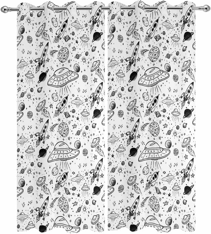 Cartoon Space Outdoor Curtains for Patio Rockets Astronauts Planets Black