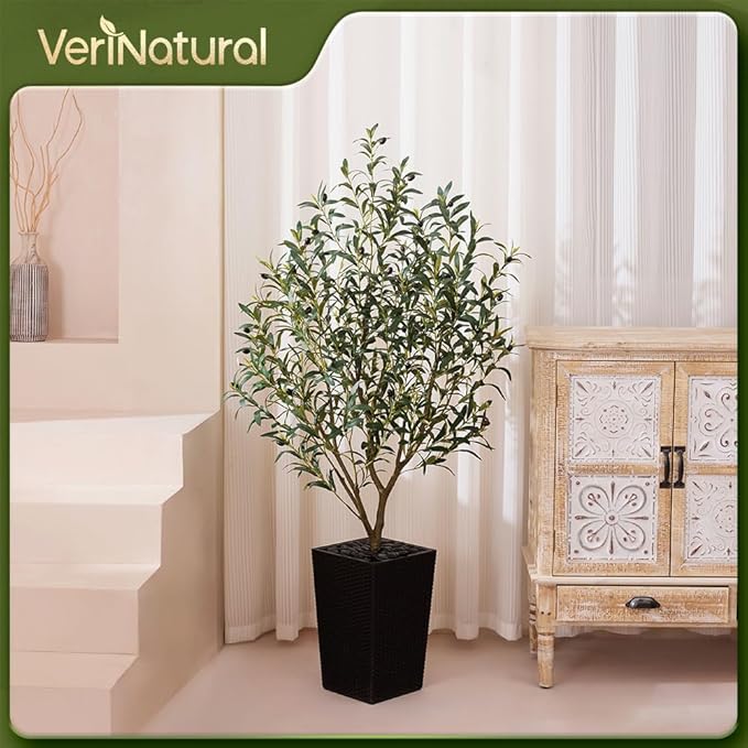 Artificial Olive Tree 5FT Indoor&Outdoor Faux Plant - UV Resistant Large Fake Tree with Black Planter & Pebbles, Realistic Tall Potted Artificial Trees for Modern Home Decor Office Living Room VN132