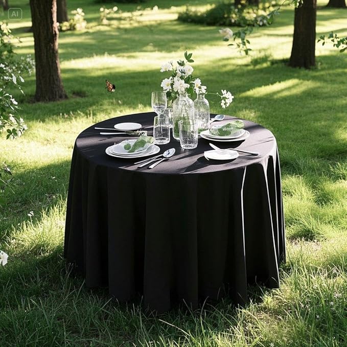 Surmente 132 inch Round Tablecloths -2 Pack Black Round Table Cloths, Polyester Fabric Table Covers for Wedding, Party, Banquet, or Restaurant