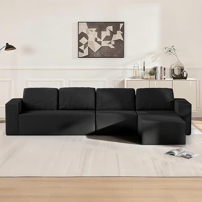 106" 3-Seater Sofa, Cloud Modular Sofa with Certified Foam, Upholstered Floor Sofa with Deep Seat, Upholstered Sofa for Bedroom Living Room, No Assembly Required (Black, Teddy Boucle)