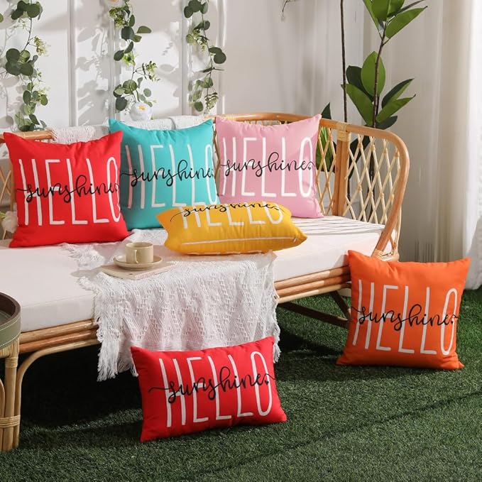 DFXSZ Outdoor Pillow Covers 18x18 Inch Set of 2 Hello Sunshine Decor Pink Waterproof Throw Pillow Covers Summer Outdoor Waterproof Pillow Covers Decor for Patio Funiture Garden Sofa Couch 020F18