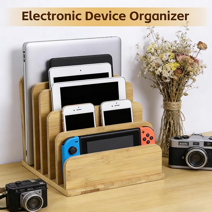 Device Organizer Holder 5 Slots Bamboo Stand for Organizing Electronic Devices Organize Tablets Smartphones Laptops and Game Consoles Slot Width are Adjustable Also Organize Mails and Files